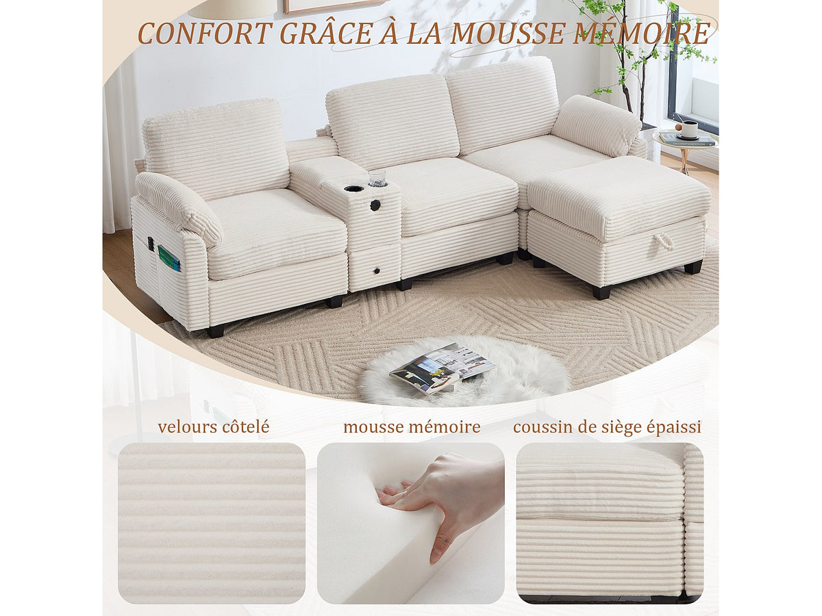 Canapé modulable 4 places beige tissu