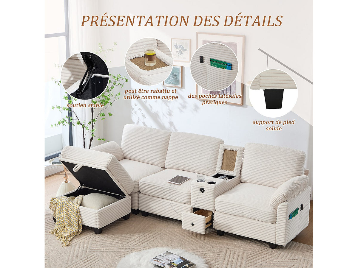 Canapé modulable 4 places beige tissu