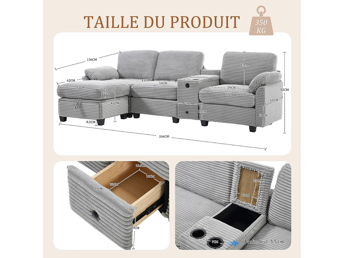 Canapé modulable 4 places gris tissu