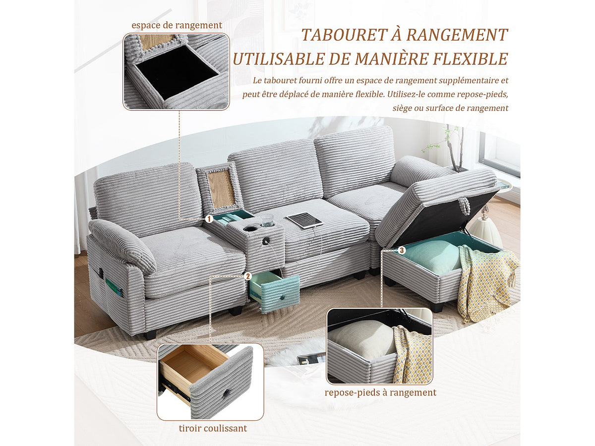 Canapé modulable 4 places gris tissu