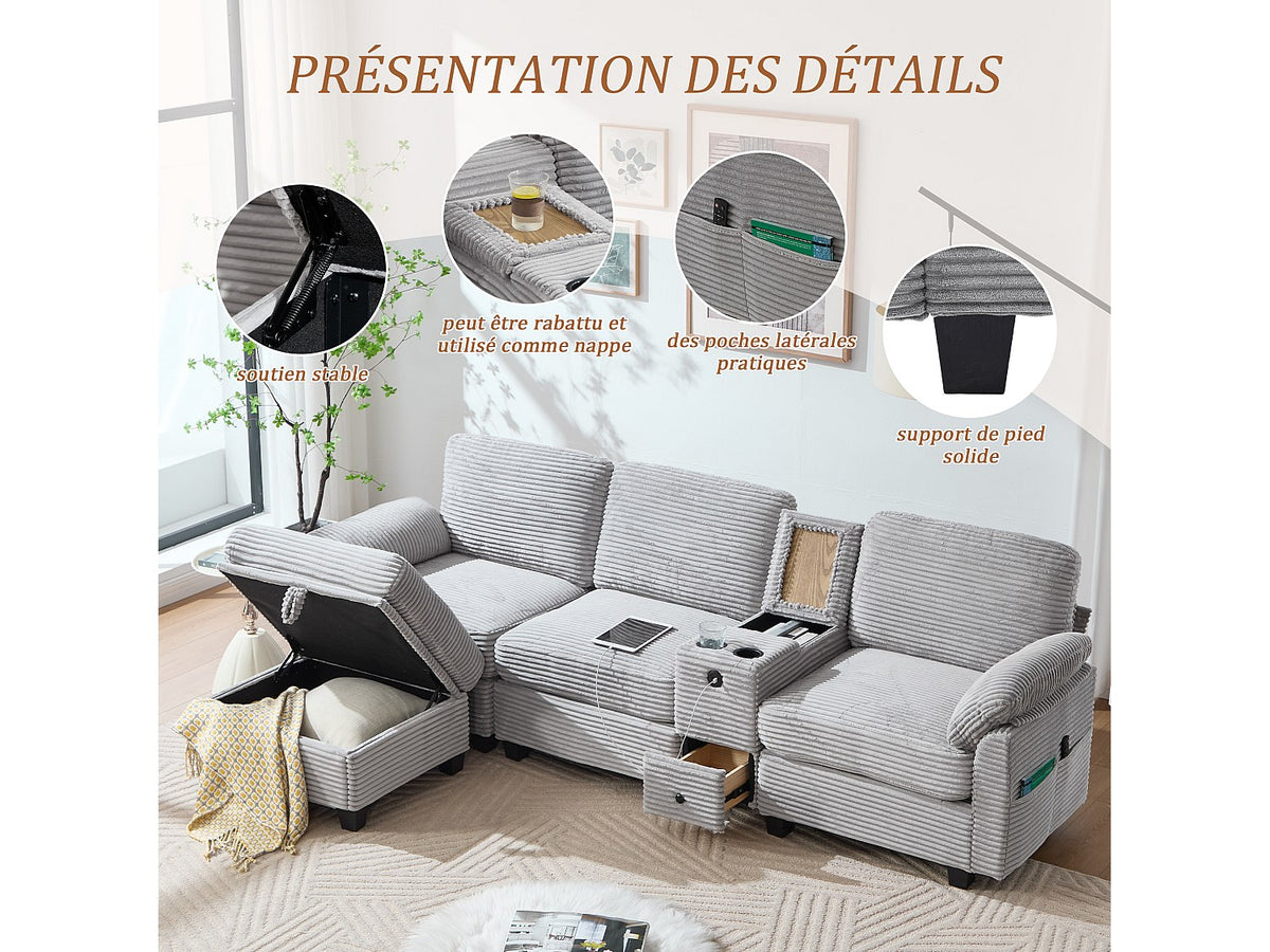 Canapé modulable 4 places gris tissu