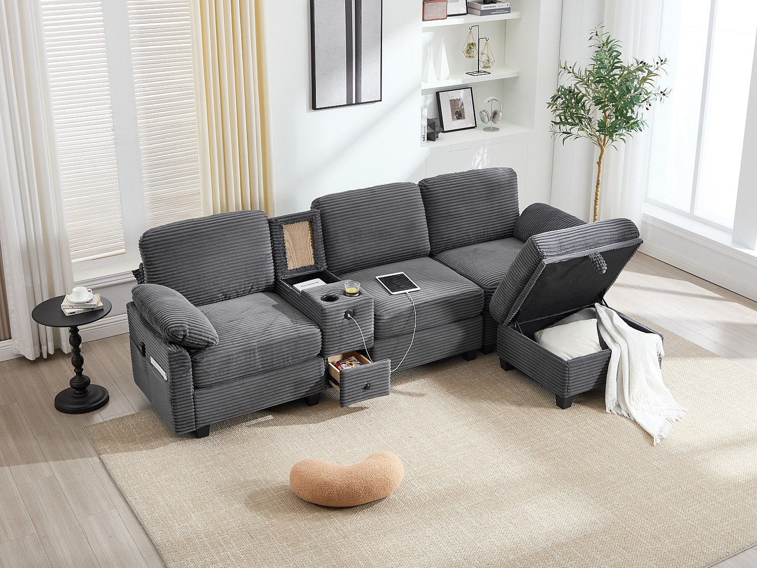 Canapé modulable 4 places gris tissu