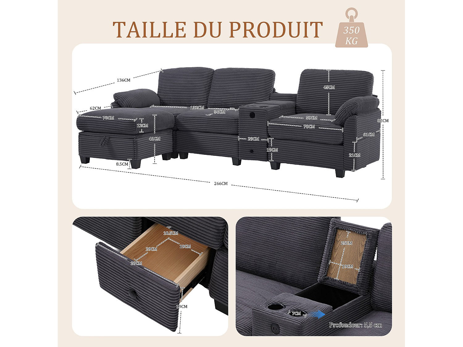 Canapé modulable 4 places gris tissu