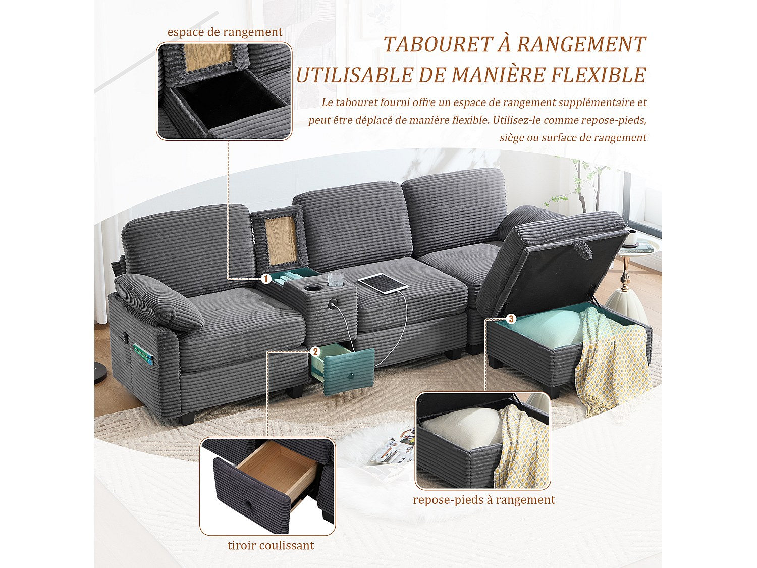 Canapé modulable 4 places gris tissu