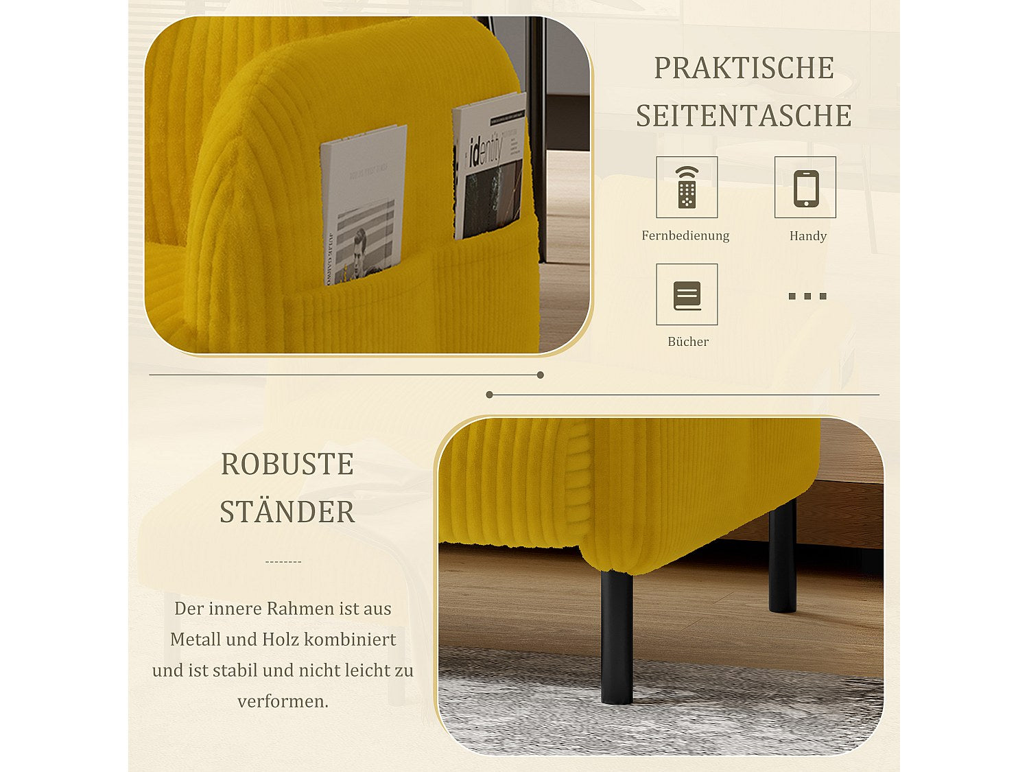 Canapé modulable 2 places jaune velours
