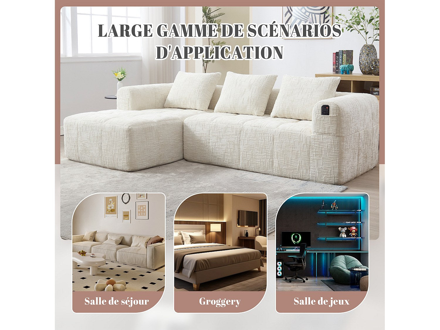 Angle pour canapé modulable 3 places beige tissu