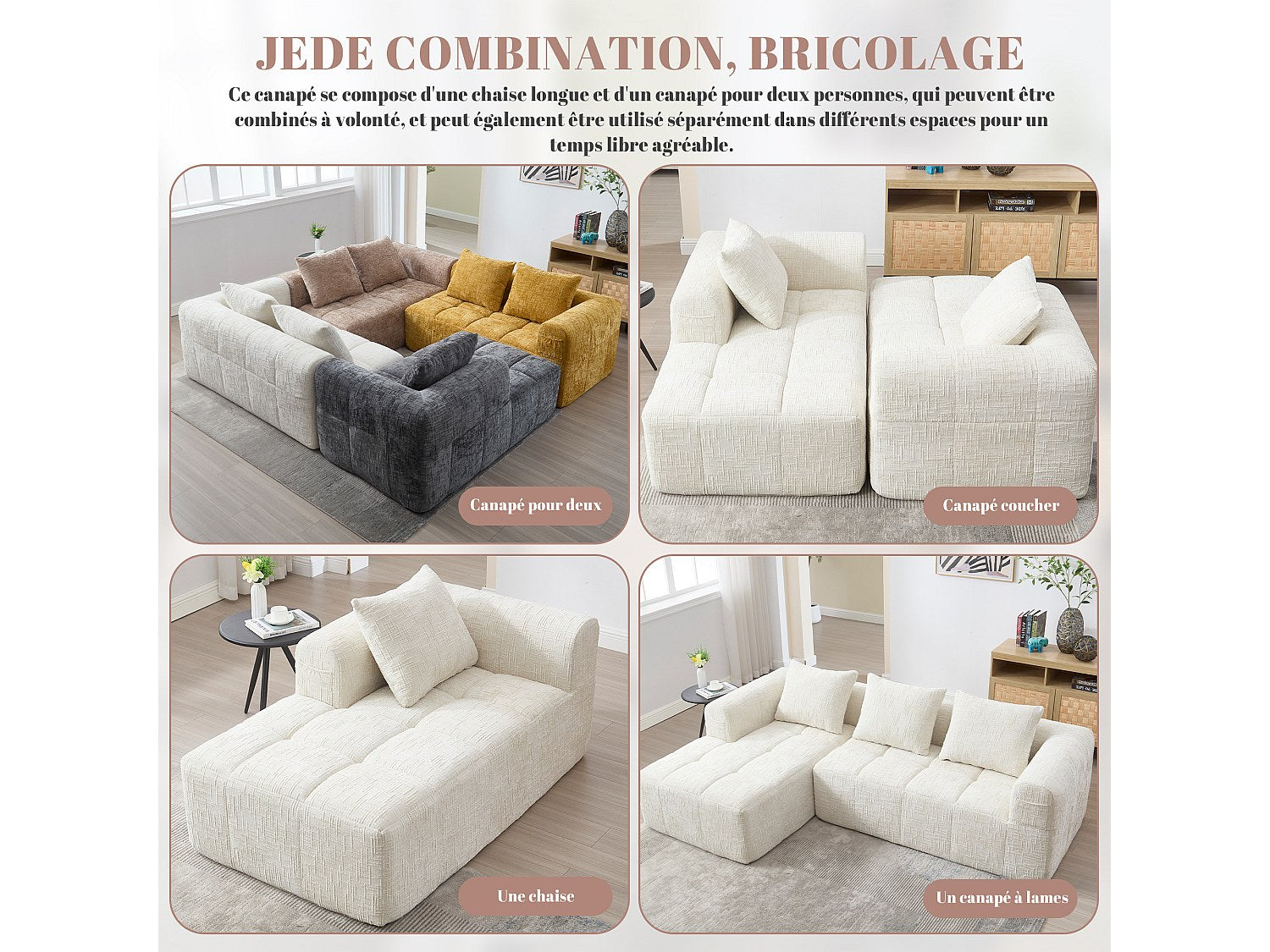 Angle pour canapé modulable 3 places beige tissu