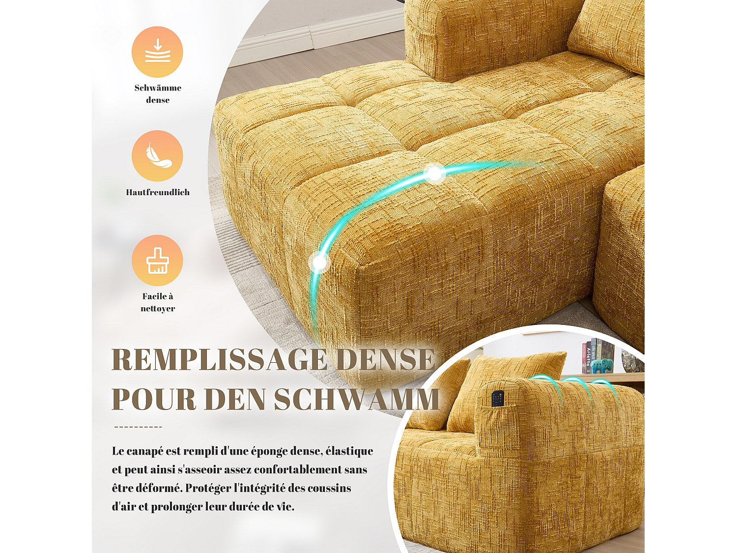 Angle pour canapé modulable 3 places jaune tissu