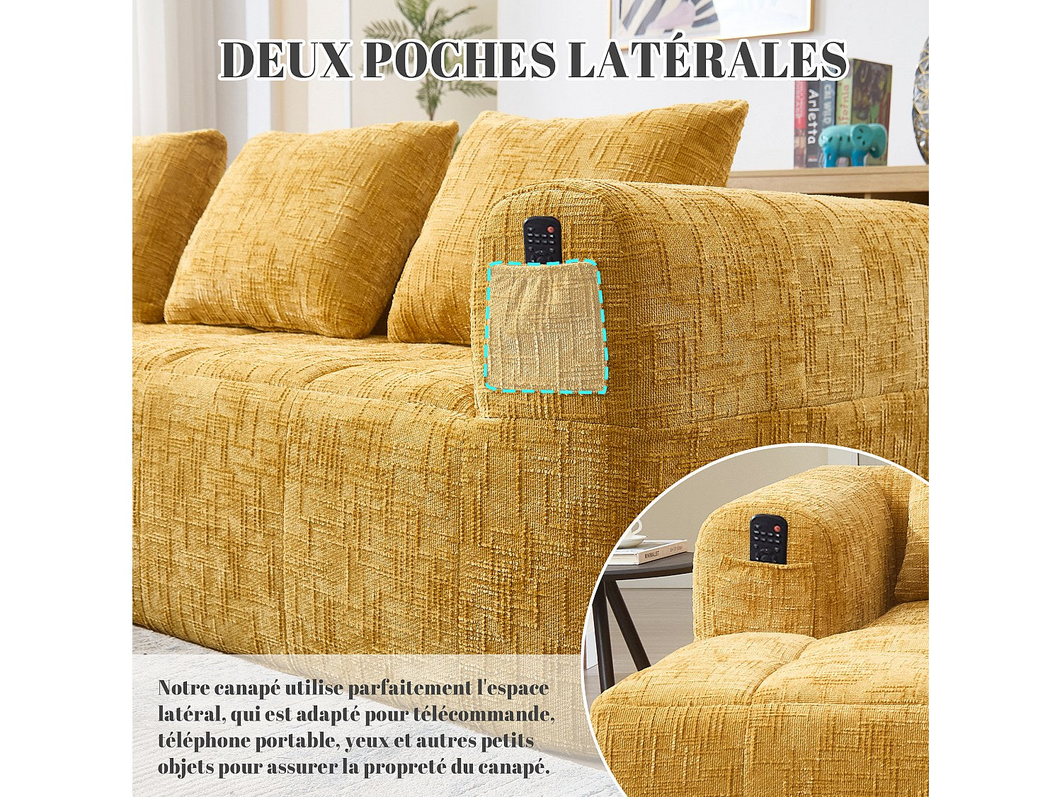 Angle pour canapé modulable 3 places jaune tissu