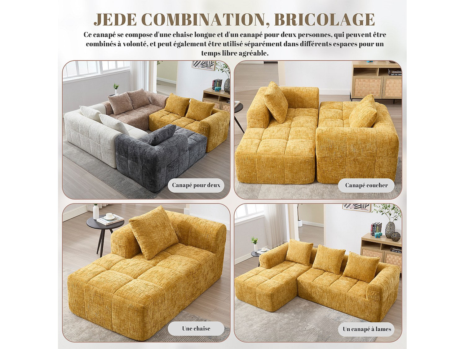 Angle pour canapé modulable 3 places jaune tissu
