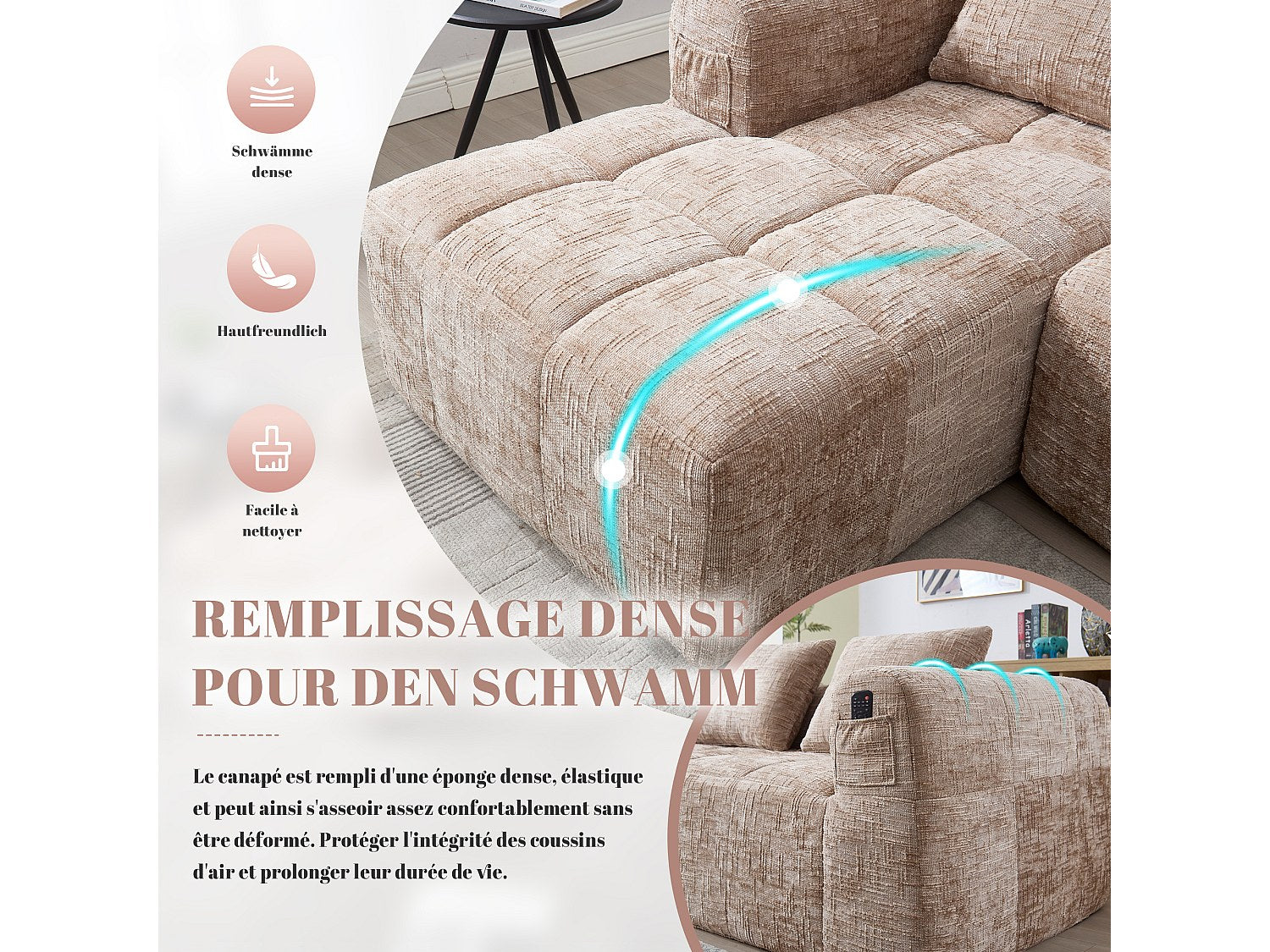 Angle pour canapé modulable 3 places vert tissu