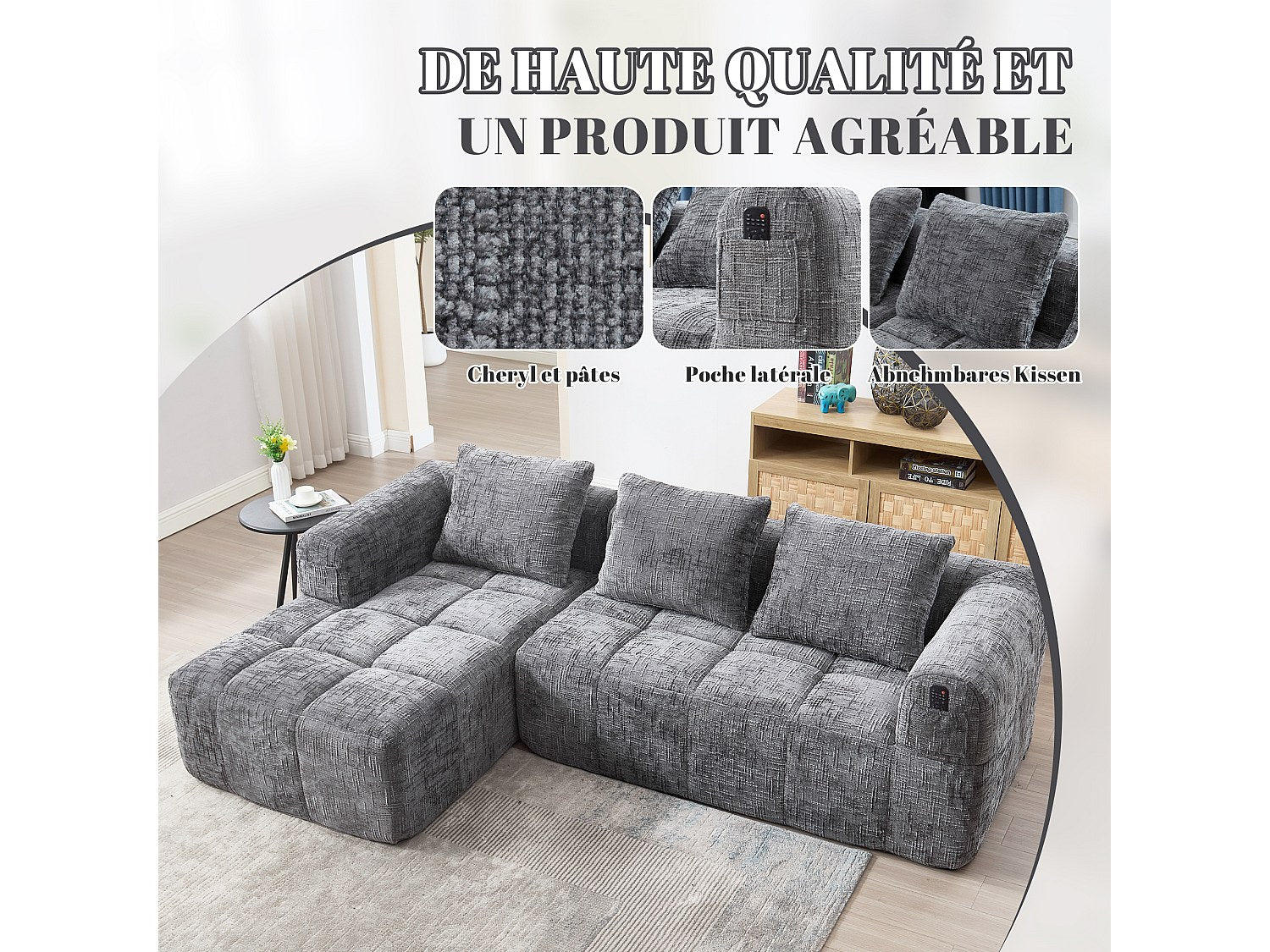 Angle pour canapé modulable 3 places gris tissu