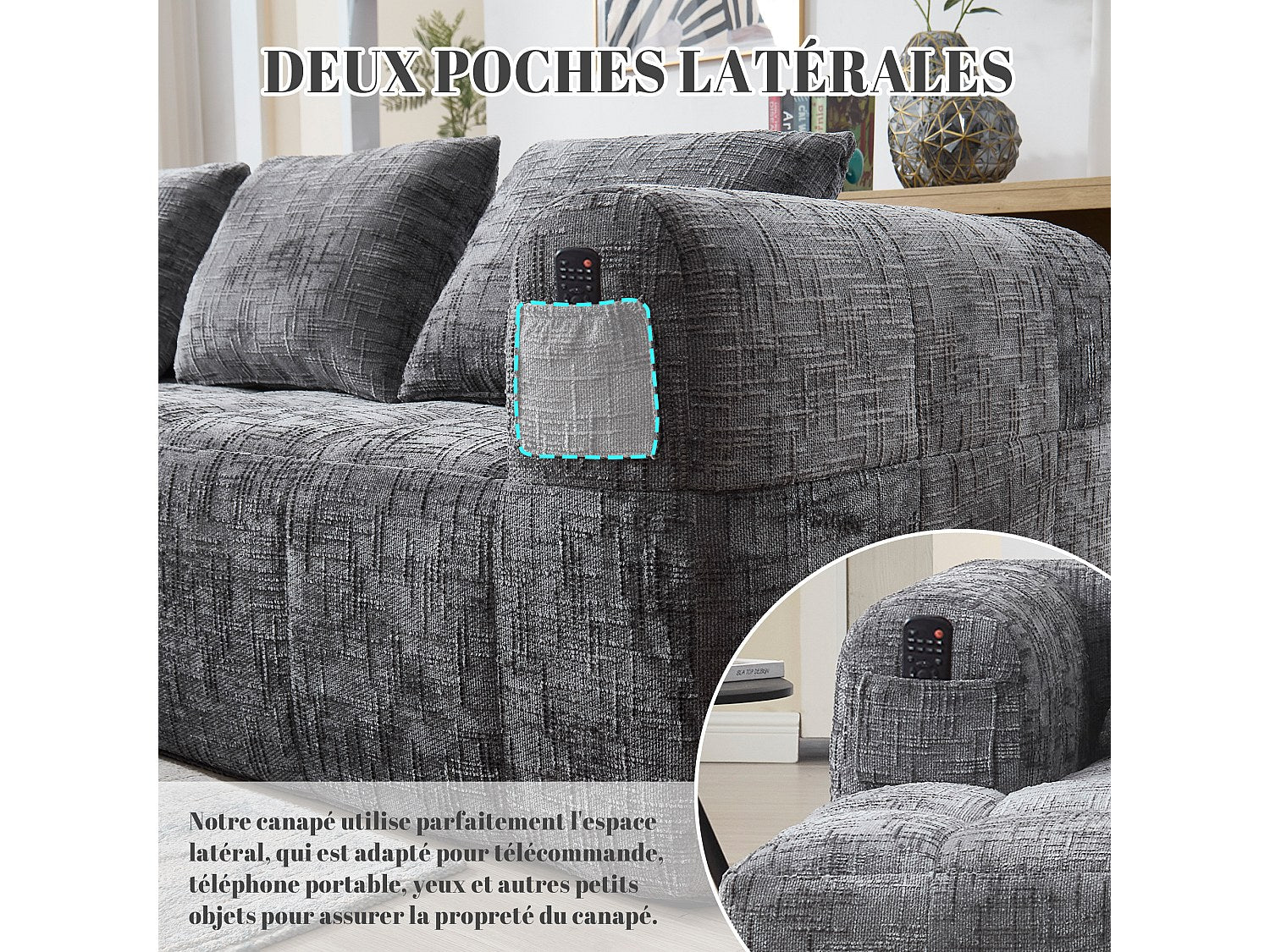 Angle pour canapé modulable 3 places gris tissu