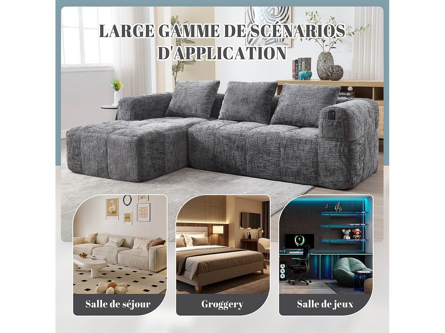 Angle pour canapé modulable 3 places gris tissu