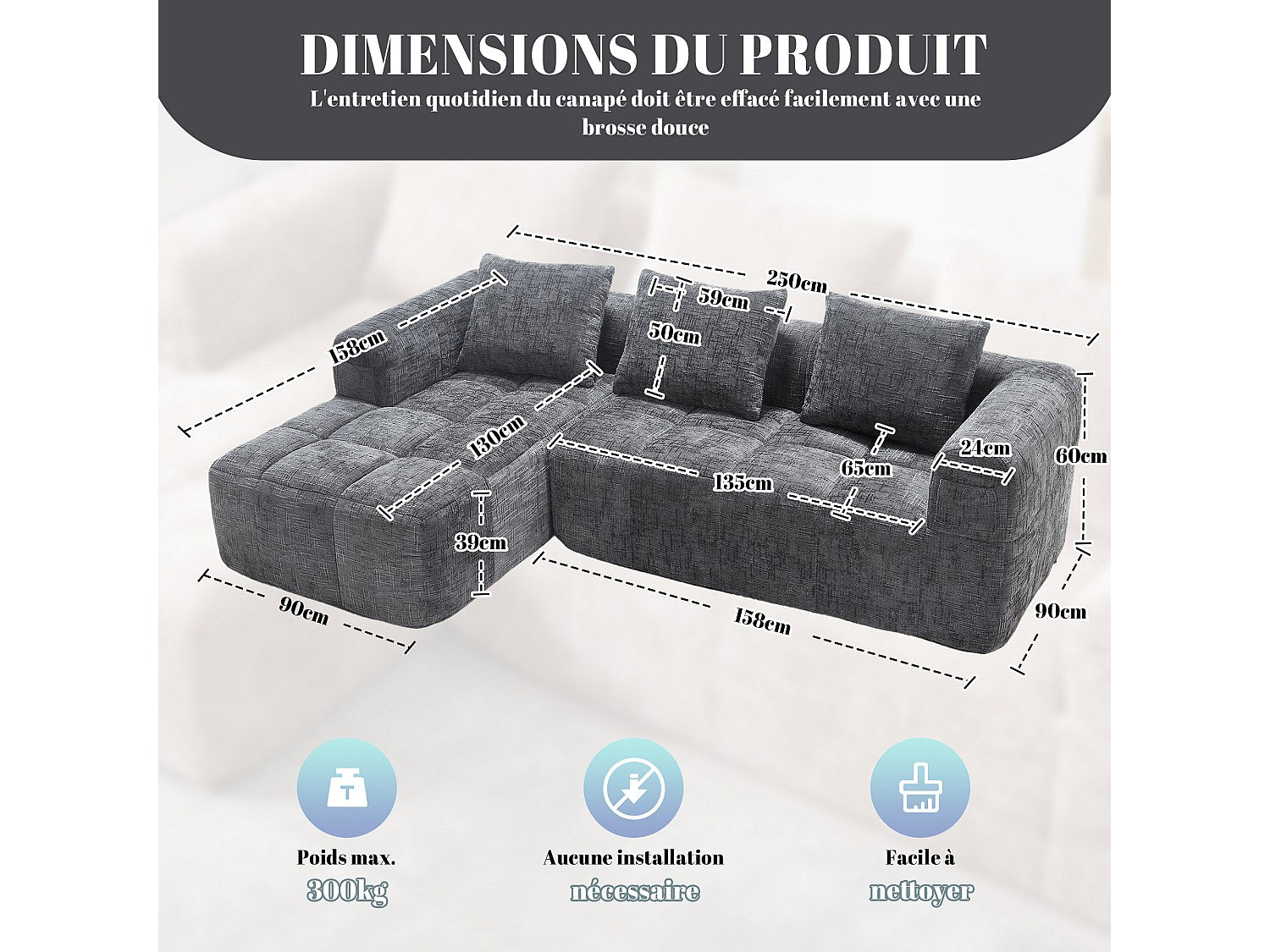 Angle pour canapé modulable 3 places gris tissu