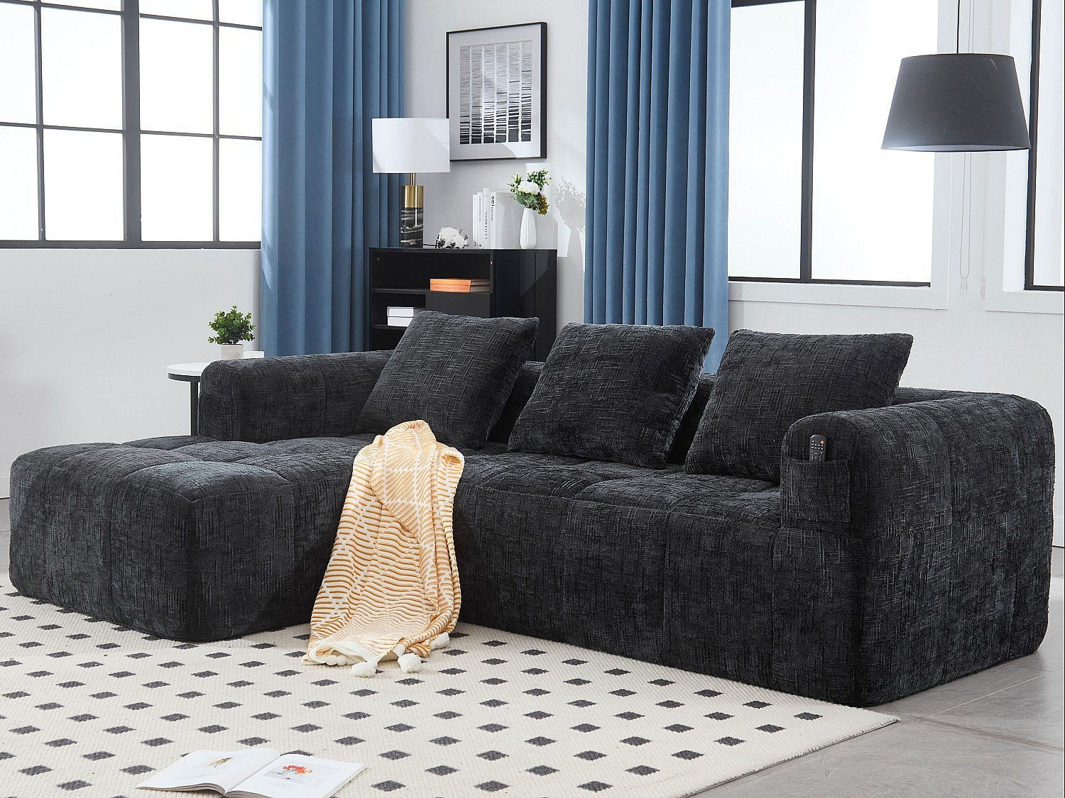 Angle pour canapé modulable 3 places noir tissu
