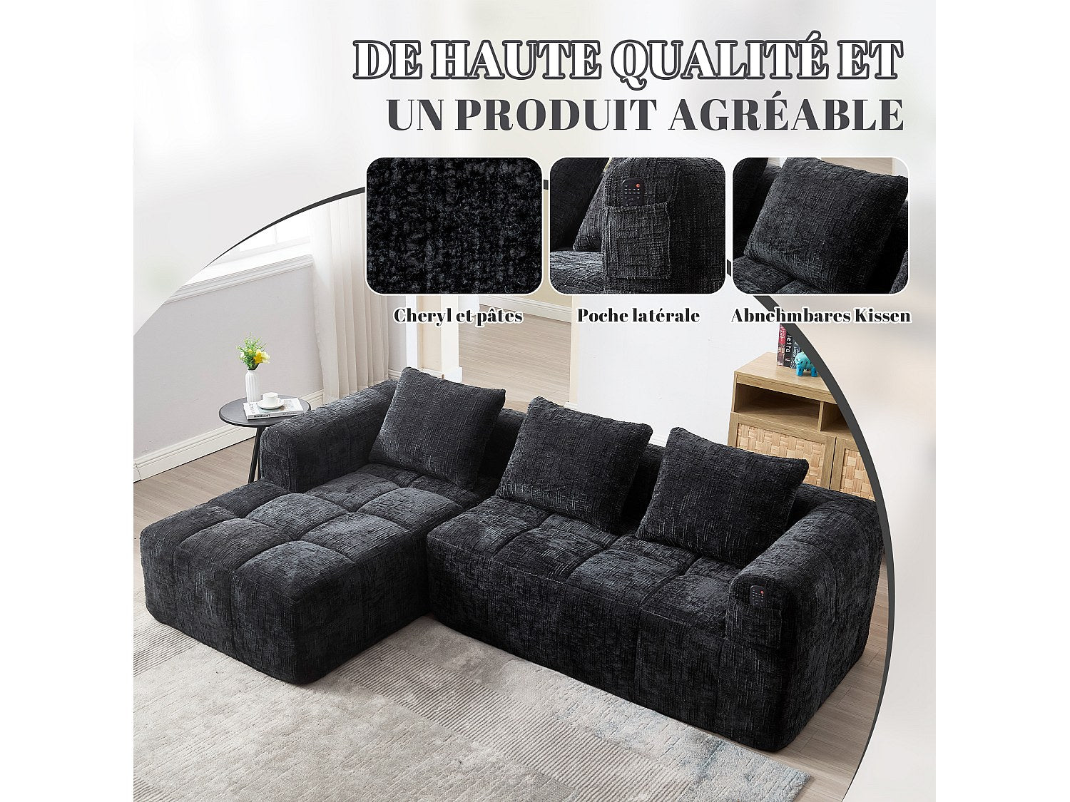 Angle pour canapé modulable 3 places noir tissu