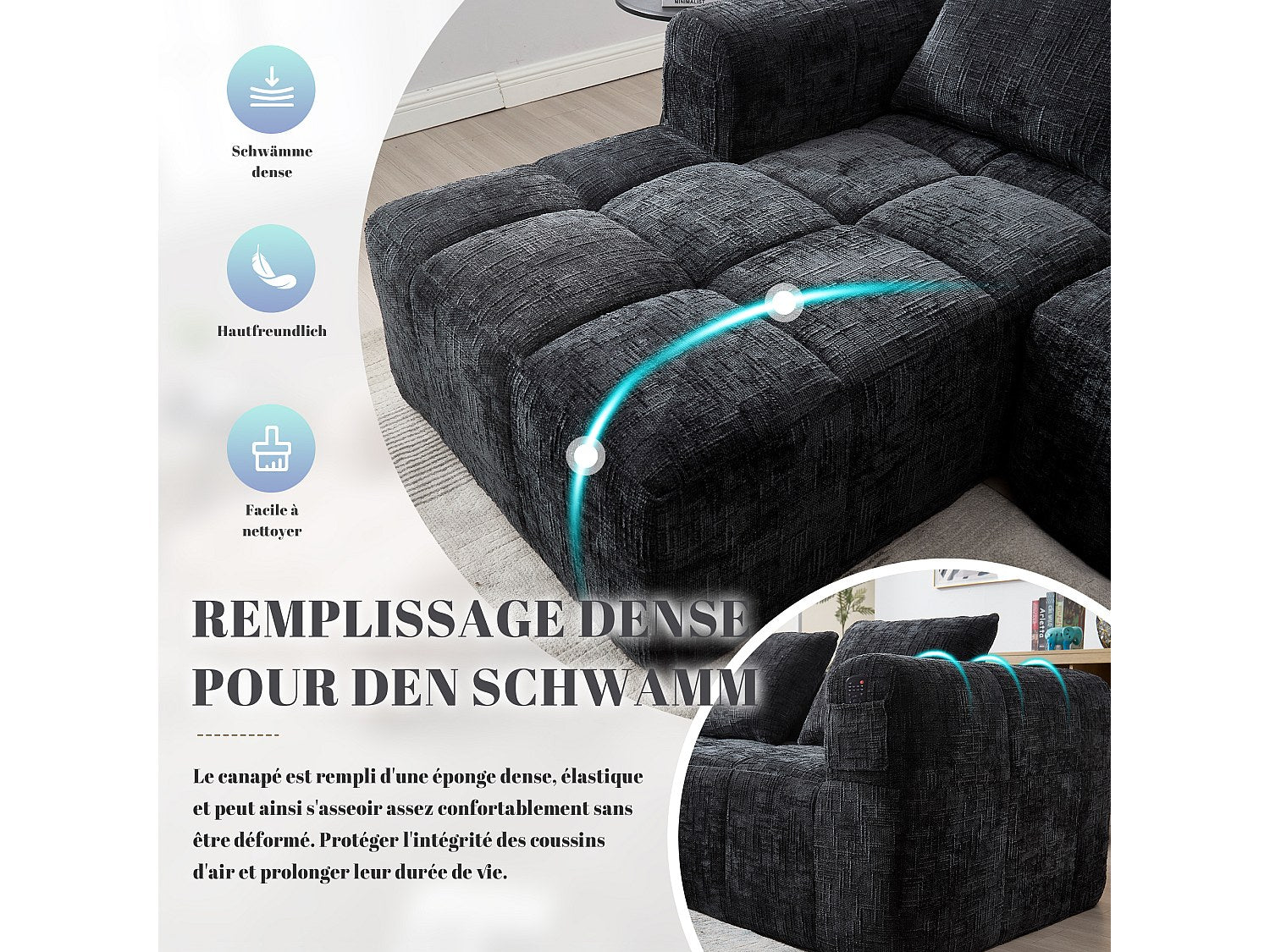 Angle pour canapé modulable 3 places noir tissu