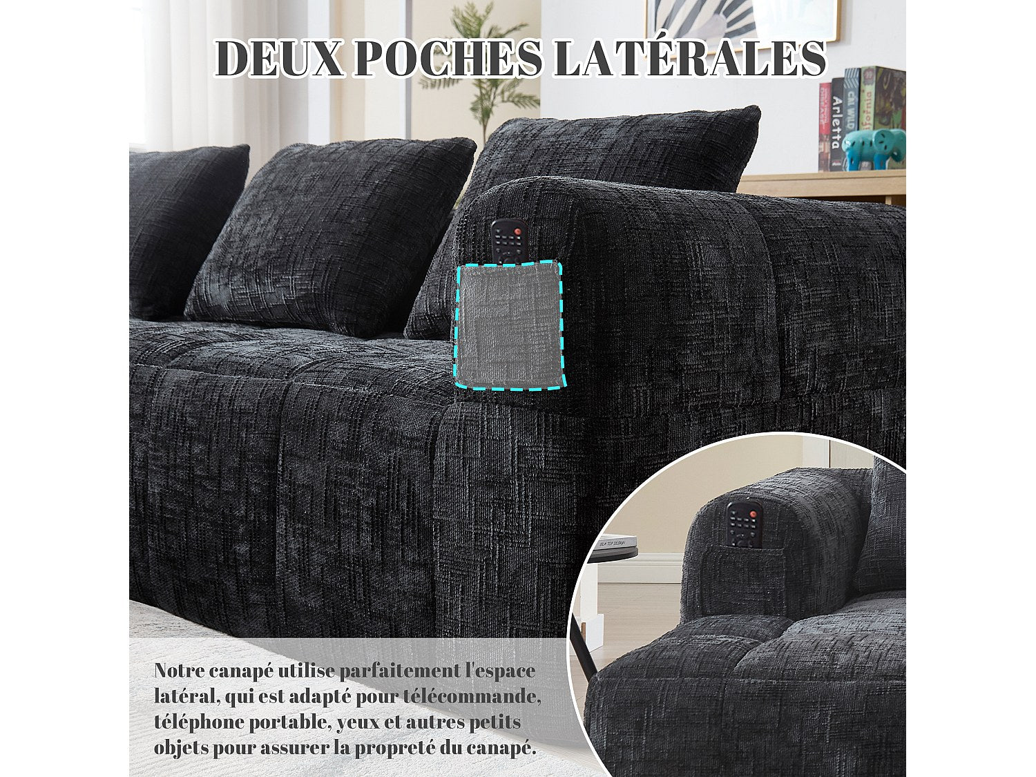 Angle pour canapé modulable 3 places noir tissu