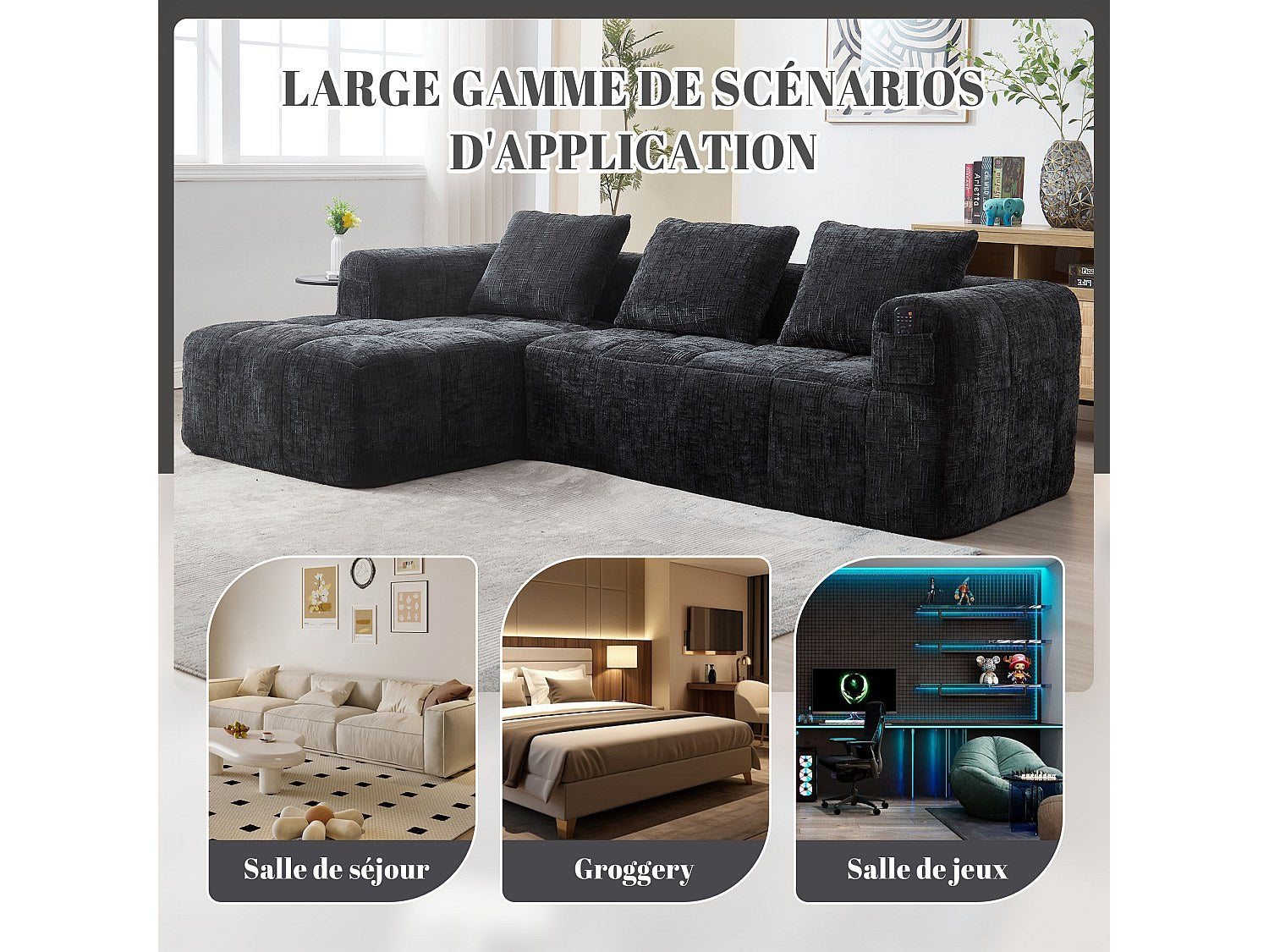 Angle pour canapé modulable 3 places noir tissu