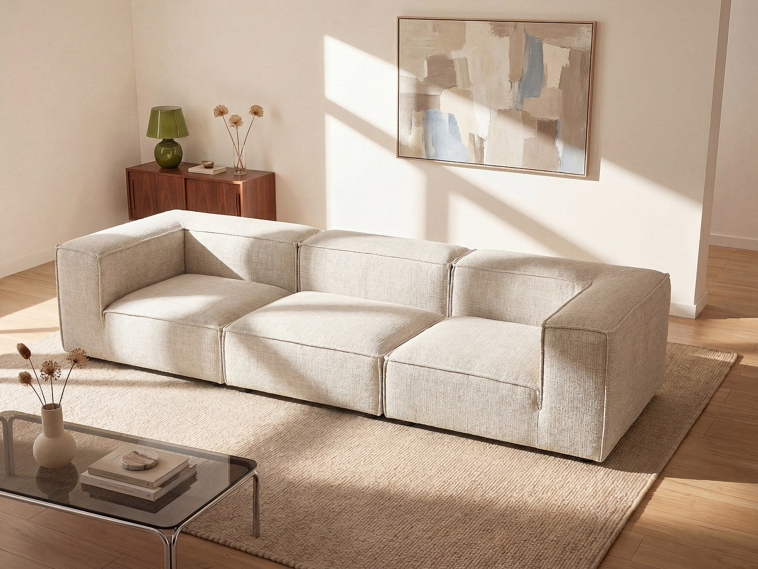 Canapé modulable 4 places beige tissu