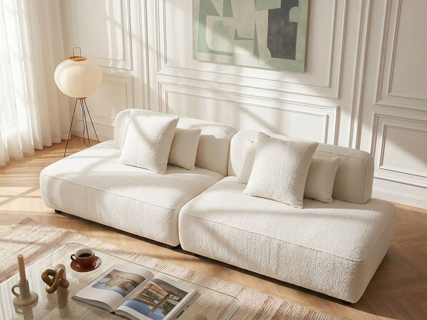 Canapé modulable 5 places blanc tissu