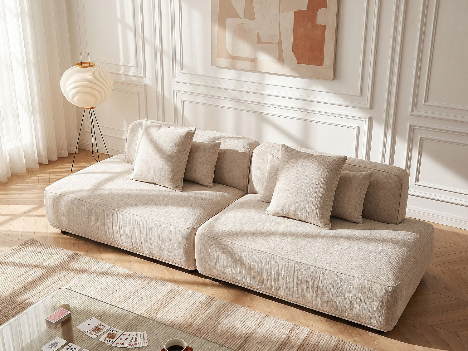 Canapé modulable 5 places beige tissu