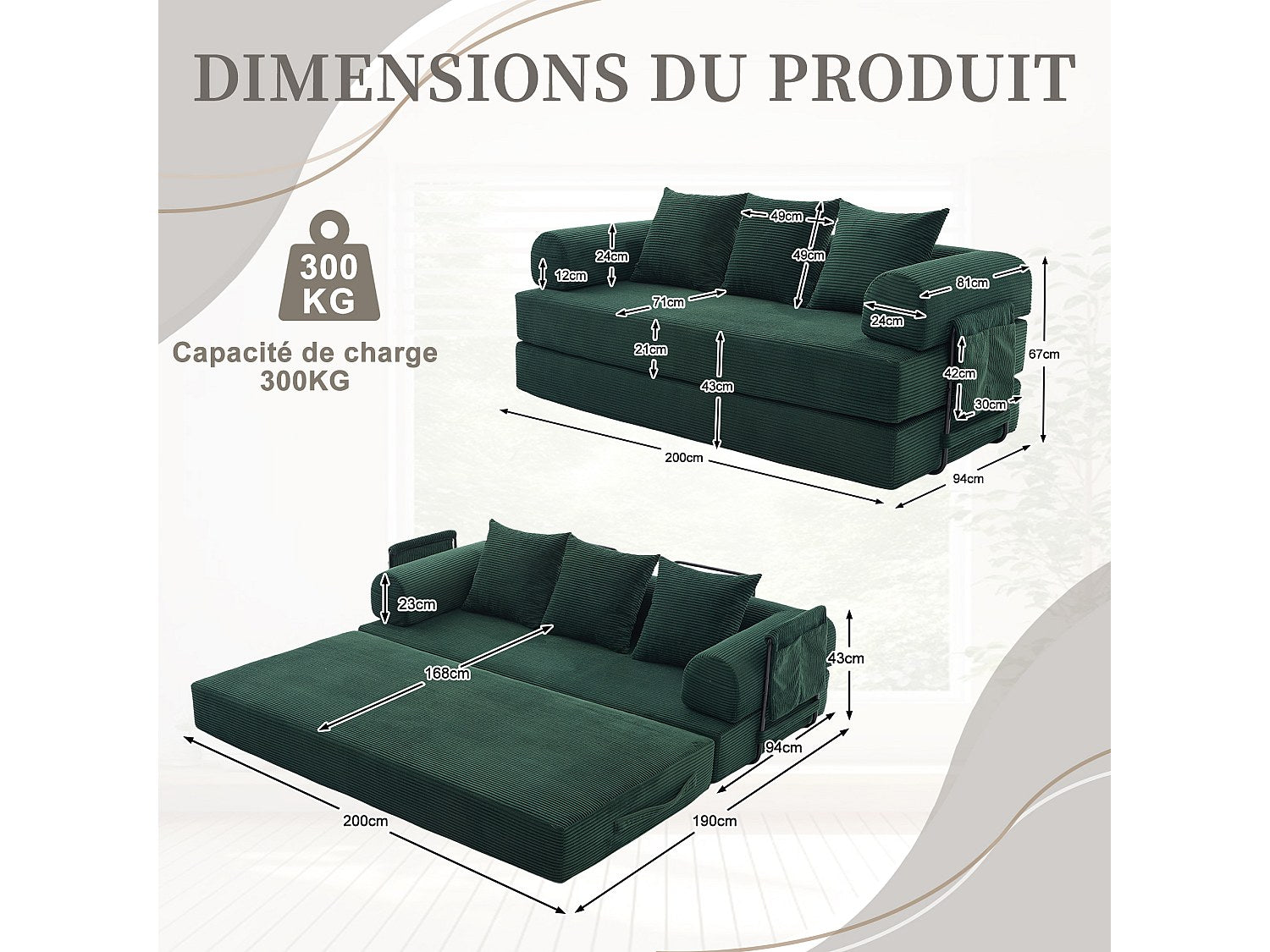 Canapé modulable vert tissu