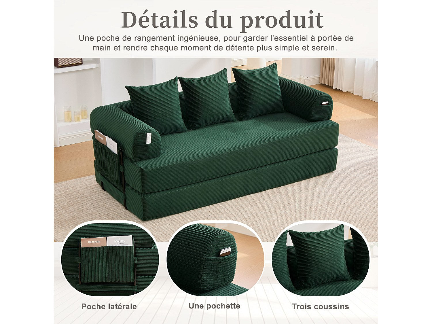 Canapé modulable vert tissu