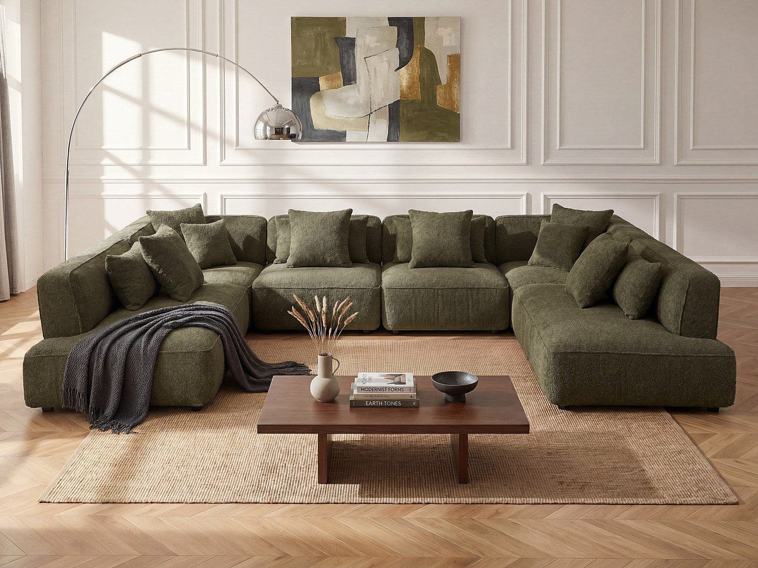 Canapé modulable panoramique vert tissu
