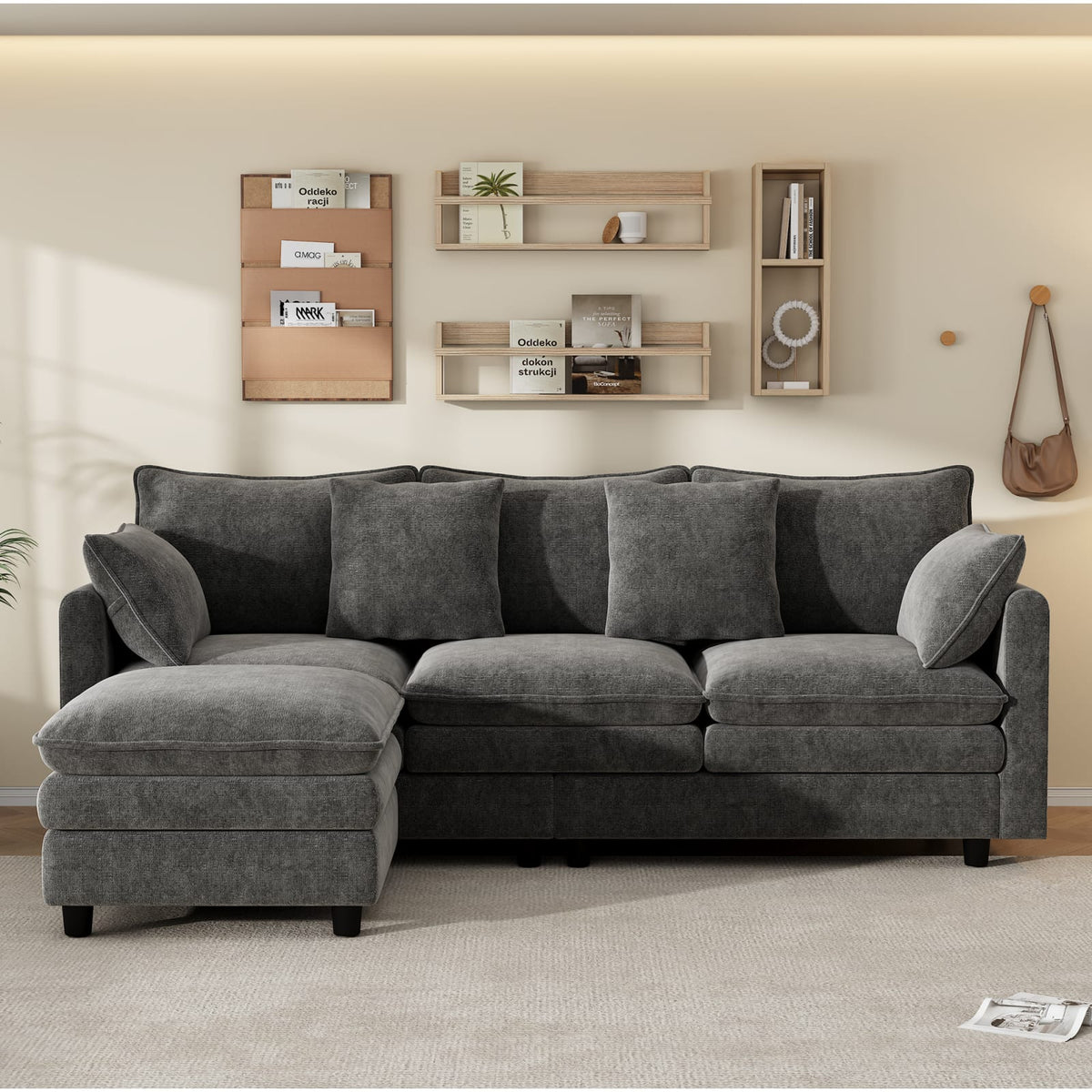 Canapé d'Angle Modulable 3 Places en Chenille Grise gris - vue 3