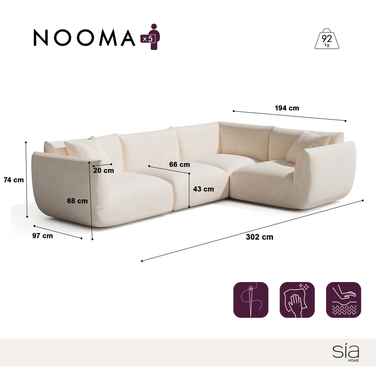 Canapé d'Angle Droit Modulable en Velours Chenillé Crème 6 Places crème - vue 4