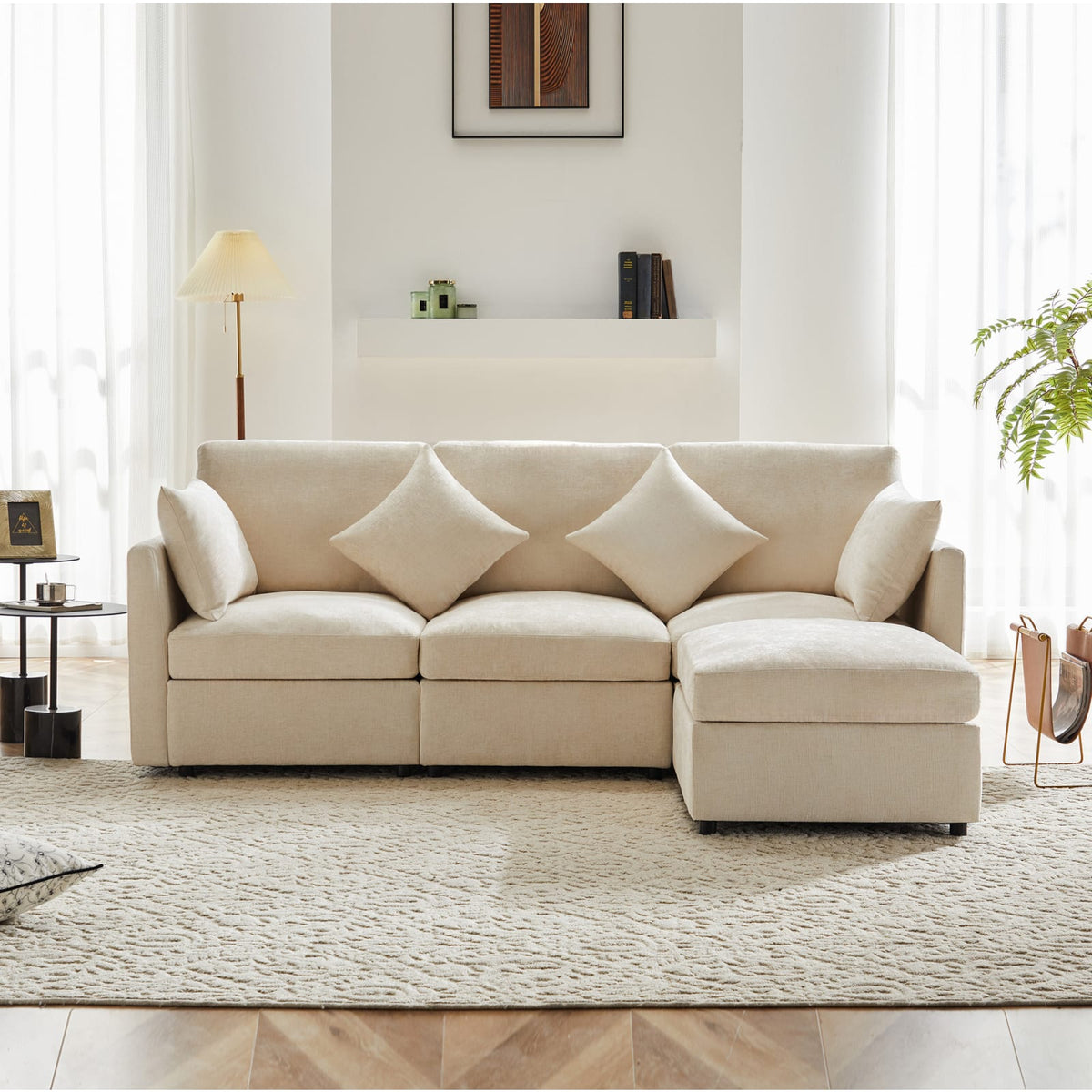 Canapé d'Angle Modulable en Chenille Beige avec Pouf Mobile beige - vue 2