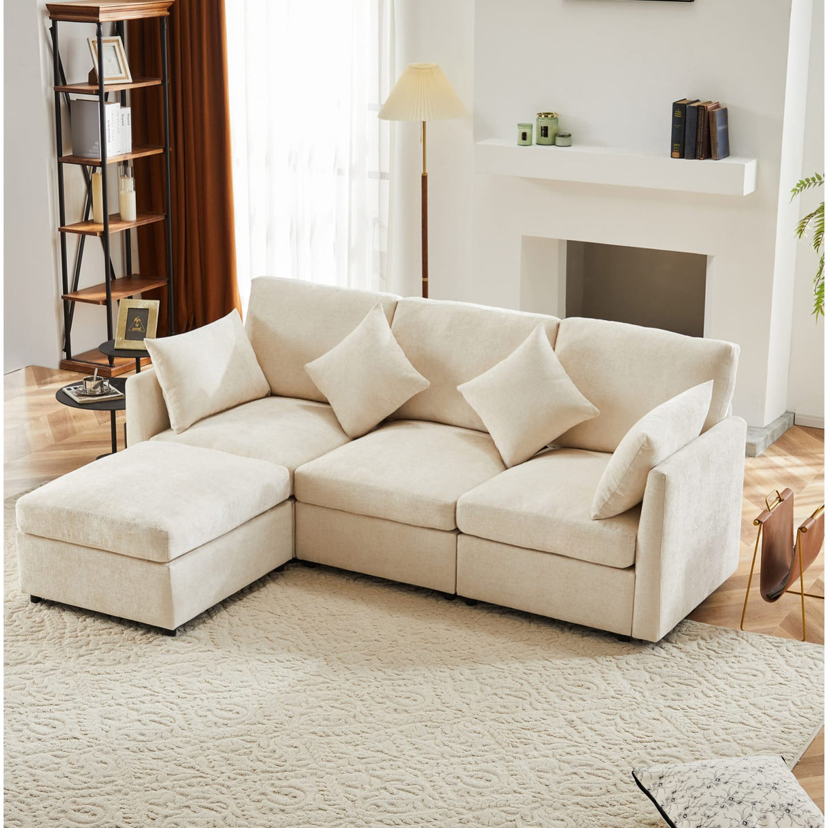 Canapé d'Angle Modulable en Chenille Beige avec Pouf Mobile beige - vue 4