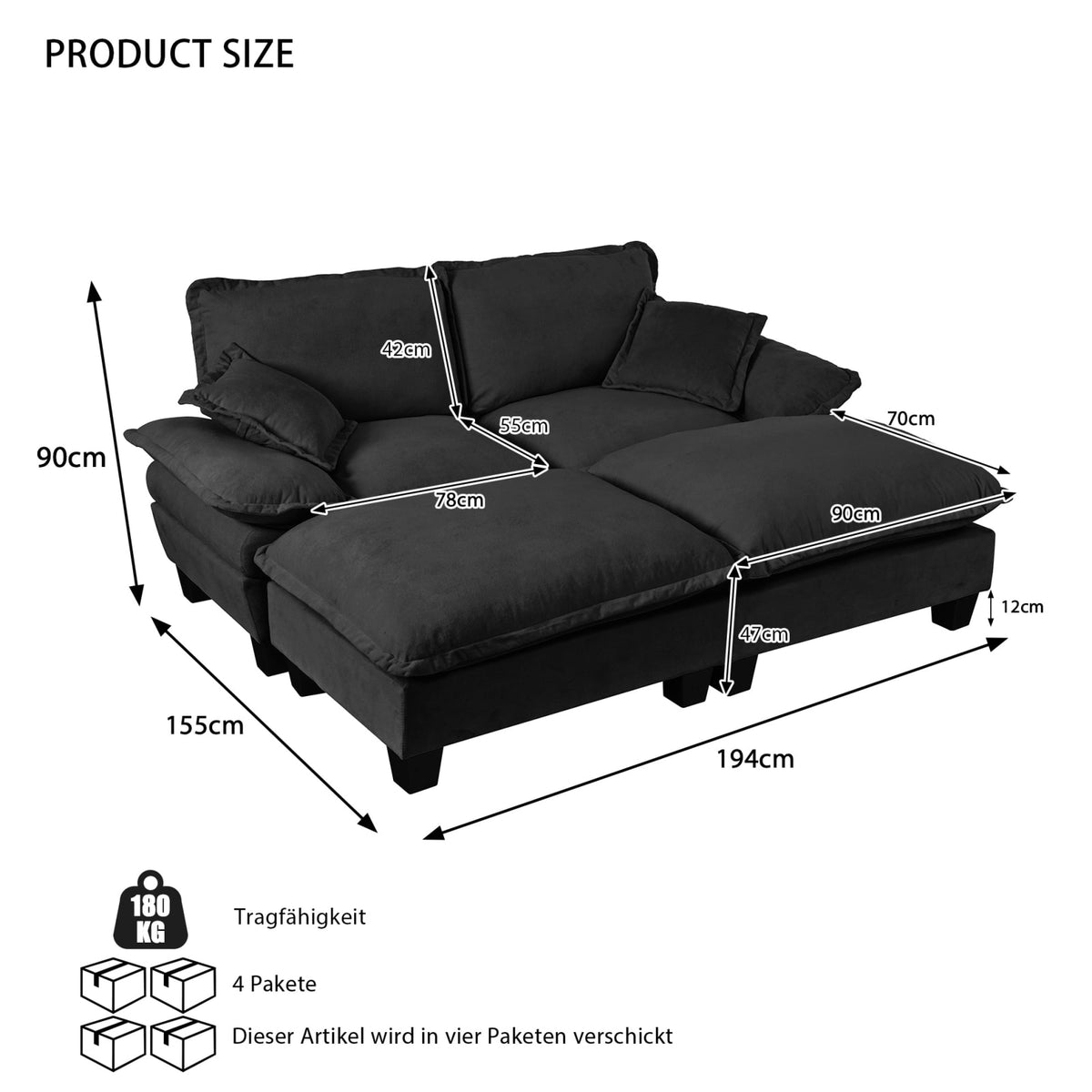 Canapé d'Angle Modulable en Chenille Noire avec 2 Ottomanes noir - vue 6