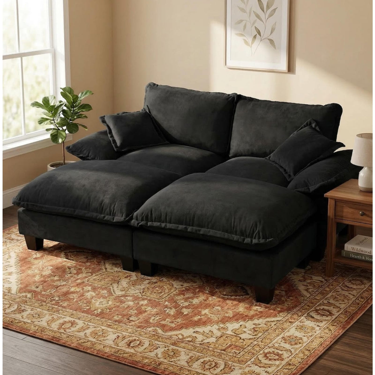 Canapé d'Angle Modulable en Chenille Noire avec 2 Ottomanes noir - vue 2