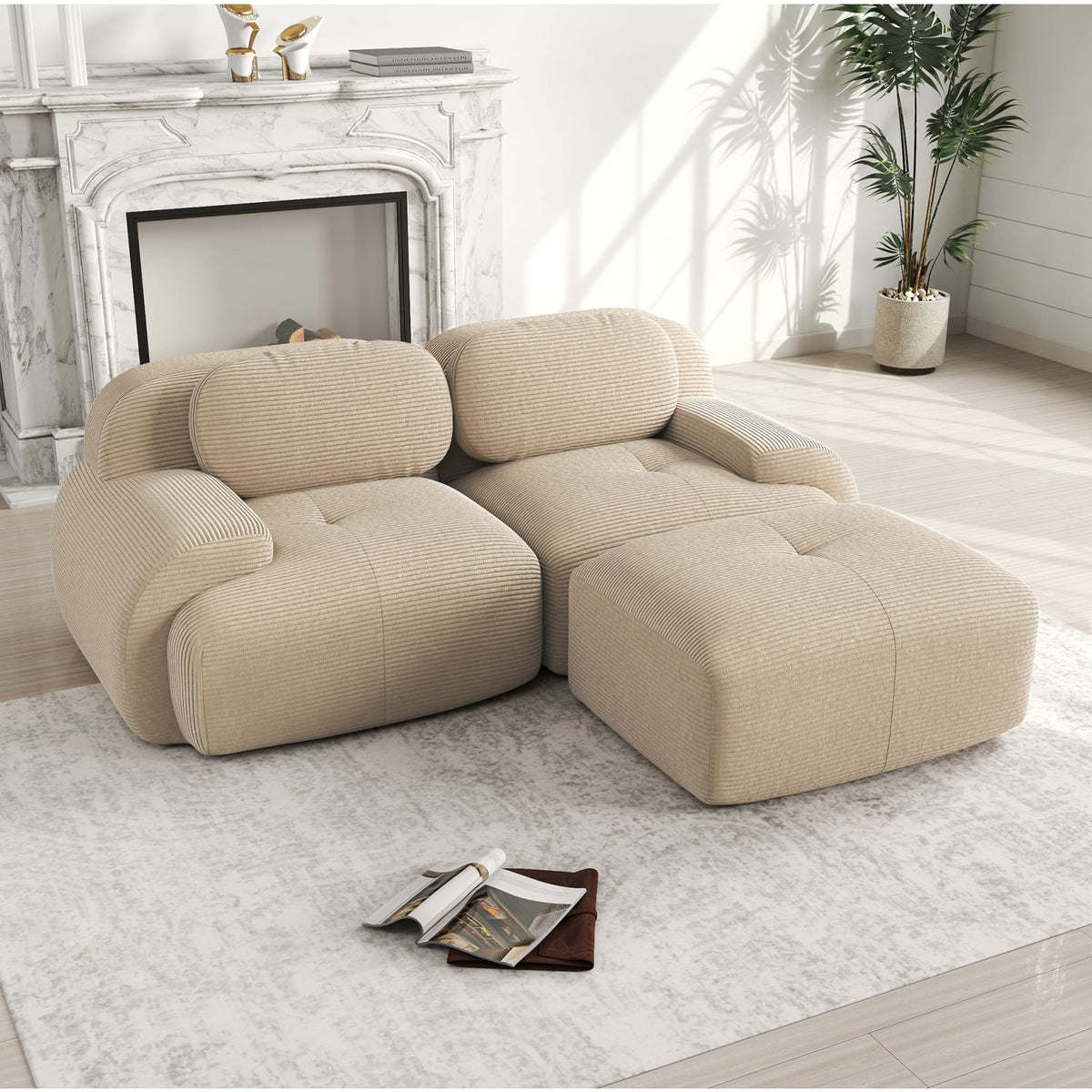 Canapé d'Angle Modulable en Velours Côtelé Beige beige - vue 4