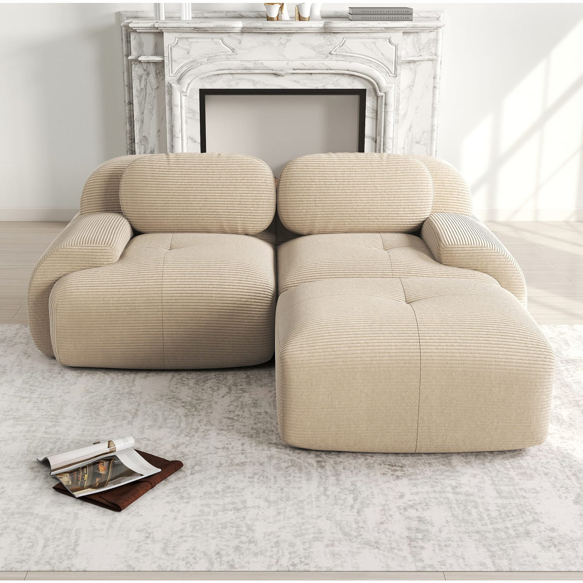 Canapé d'Angle Modulable en Velours Côtelé Beige beige - vue 2