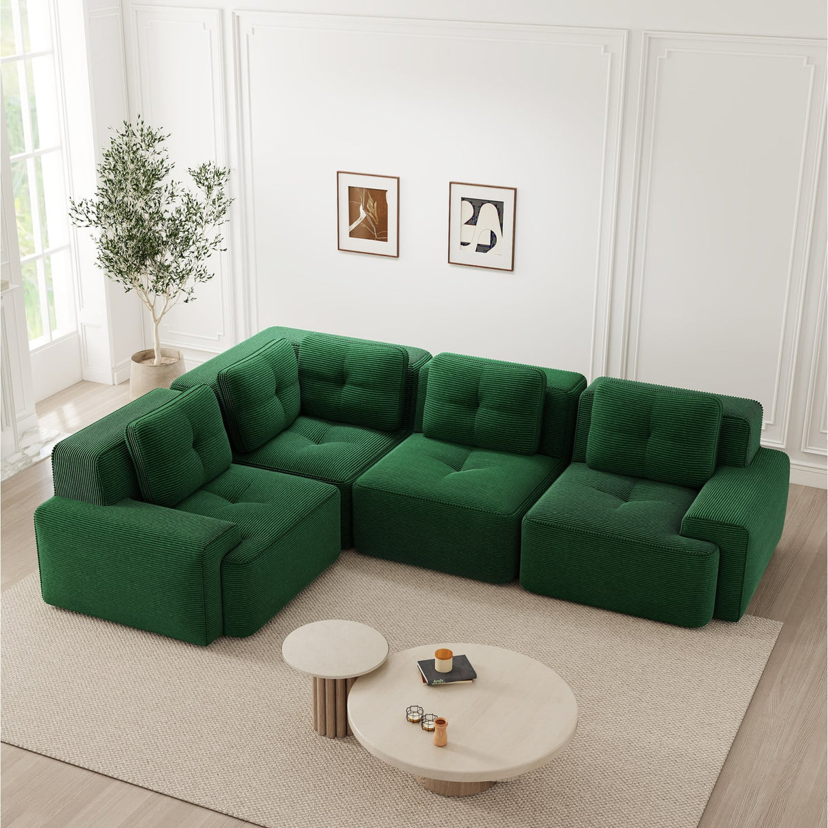 Canapé d'Angle Modulable en Velours Côtelé Vert vert - vue 3