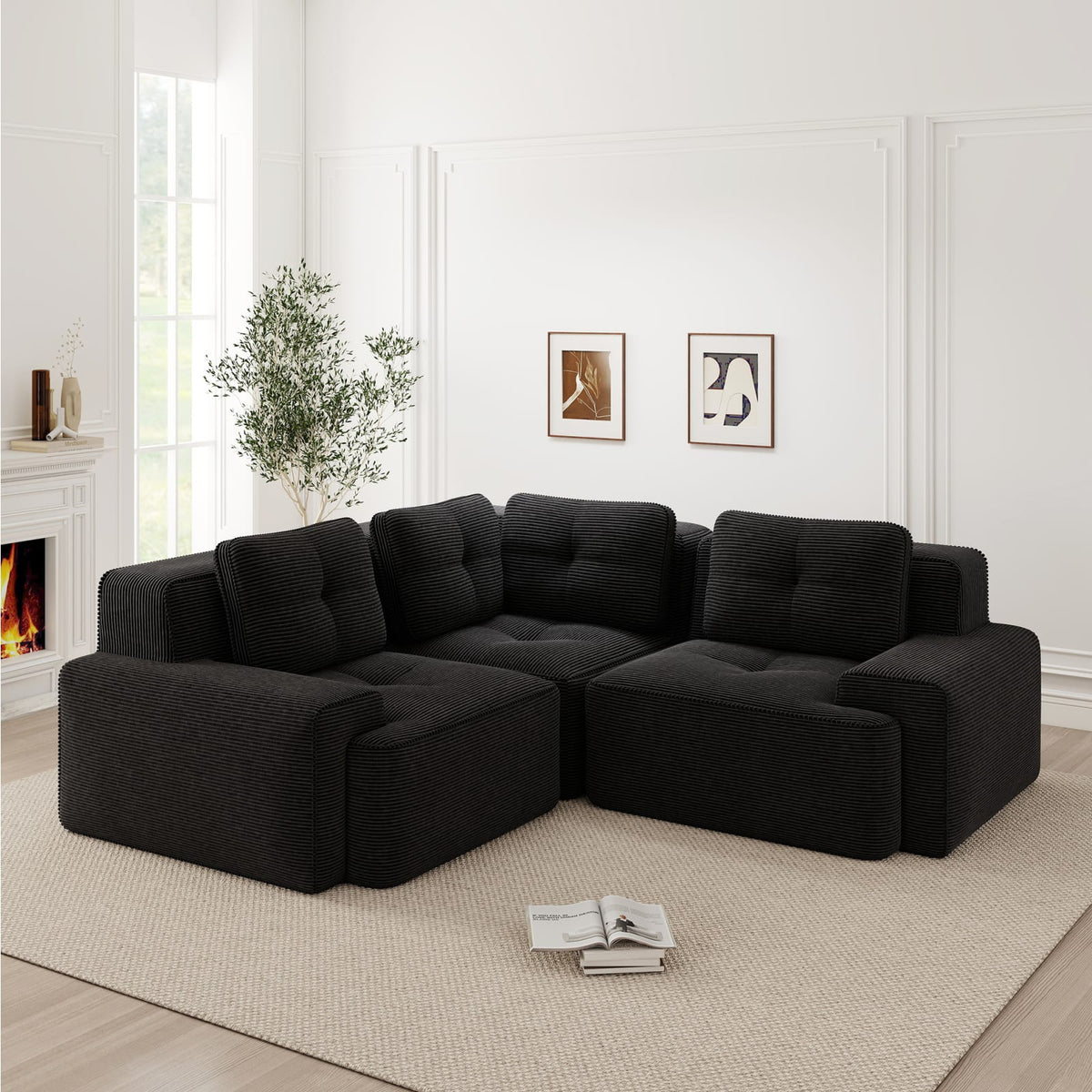 Canapé d'Angle Modulable en Velours Côtelé Noir Noir - vue 3