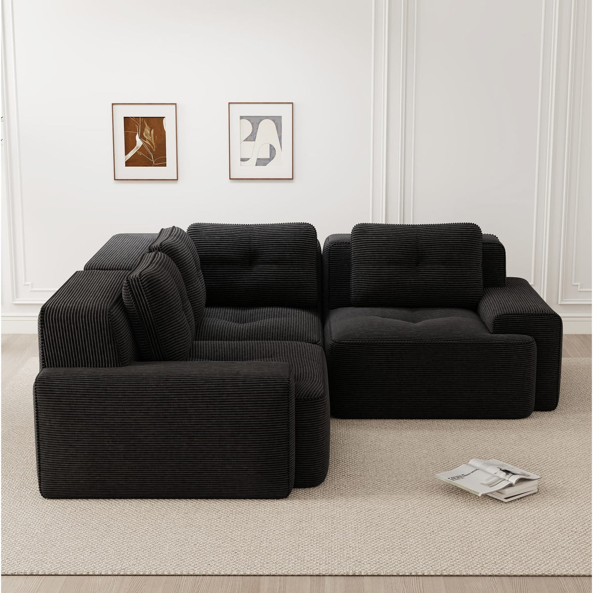 Canapé d'Angle Modulable en Velours Côtelé Noir Noir - vue 2