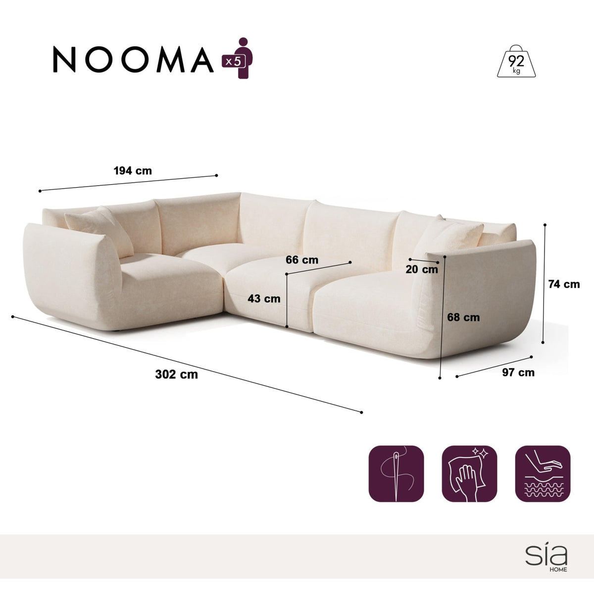 Canapé d'Angle Gauche Modulable en Velours Chenillé Crème crème - vue 4