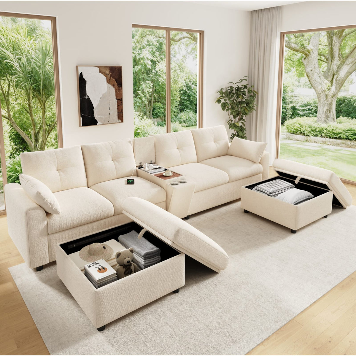 Canapé d'Angle Modulable 6 Places en Chenille Beige beige - vue 6