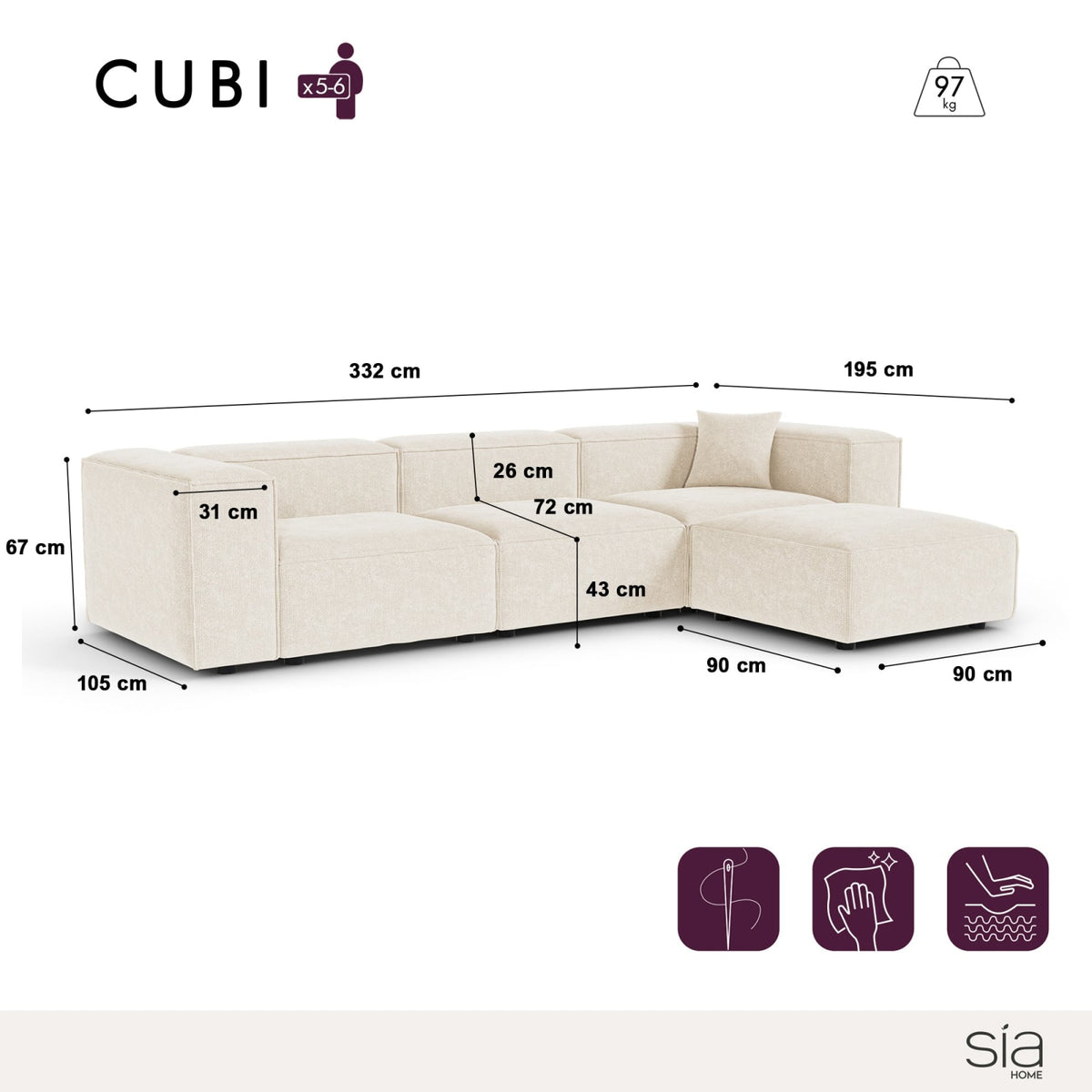 Canapé d'Angle Modulable 6 Places en Velours Chenillé Crème crème - vue 6