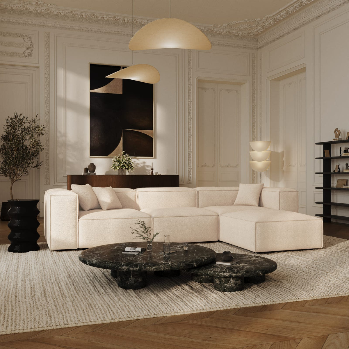 Canapé d'Angle Modulable 6 Places en Velours Chenillé Crème crème - vue 3