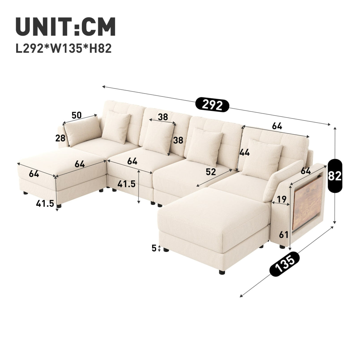 Canapé d'Angle Modulable en Chenille Beige avec LED beige - vue 6