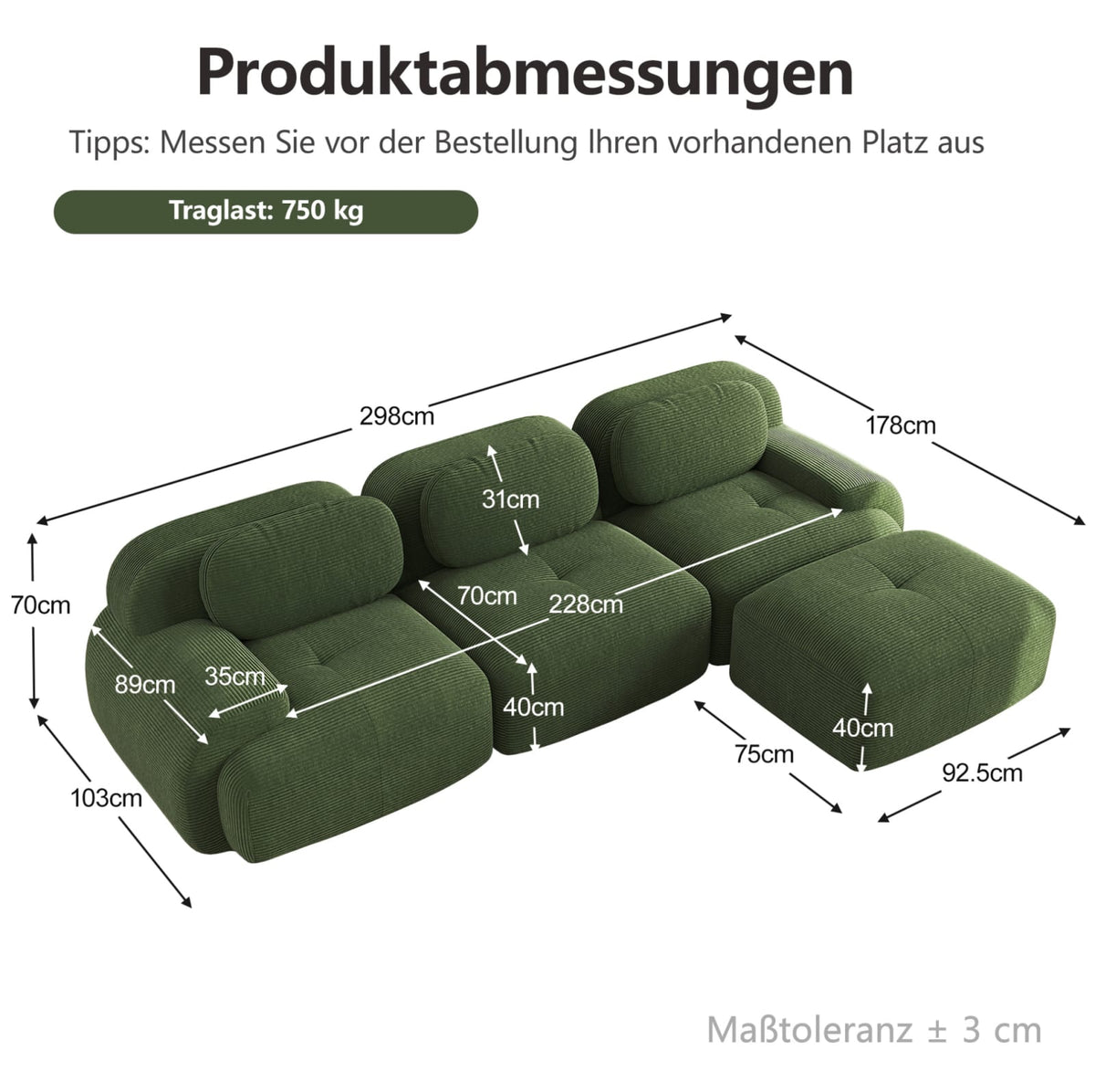 Canapé d'Angle Modulable en Velours Côtelé Vert vert - vue 7