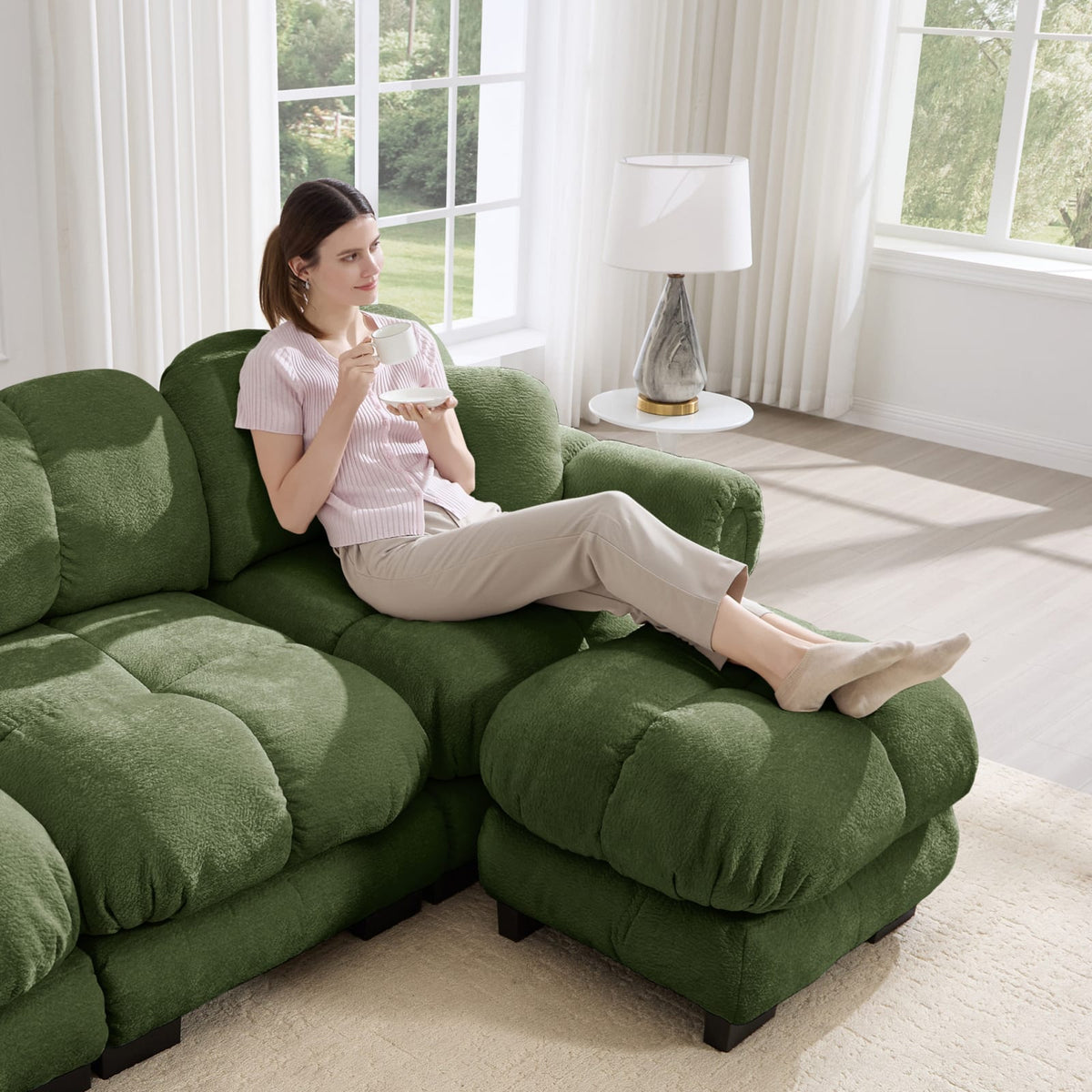 Canapé en U 3 Places en Chenille Verte avec Ottomane Mobile vert - vue 4