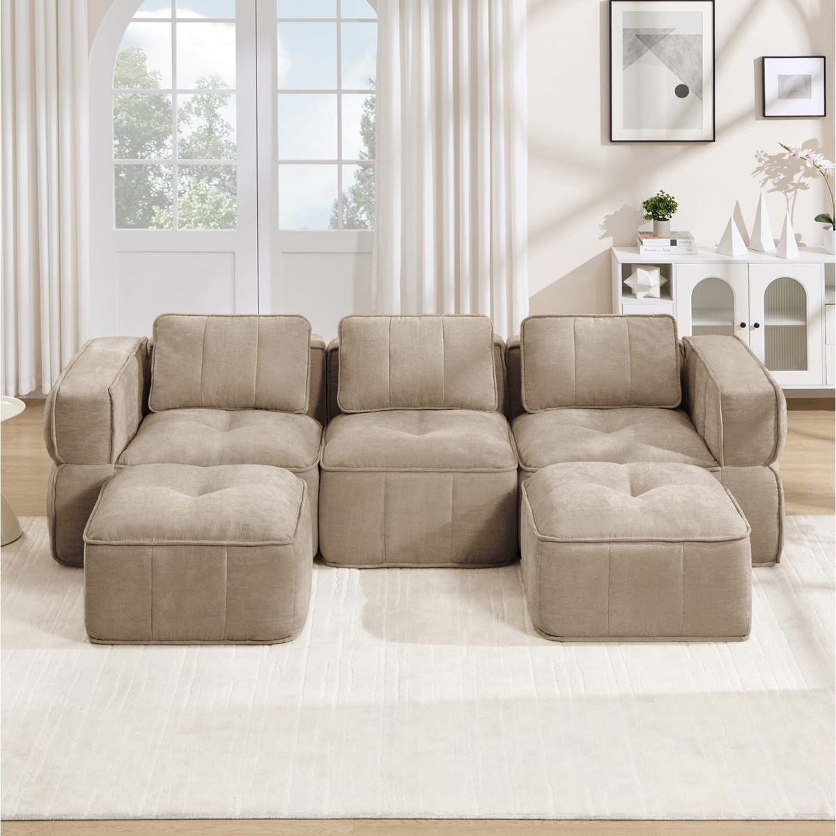 Canapé d'Angle en U en Polyester Sable avec 2 Poufs sable - vue 2