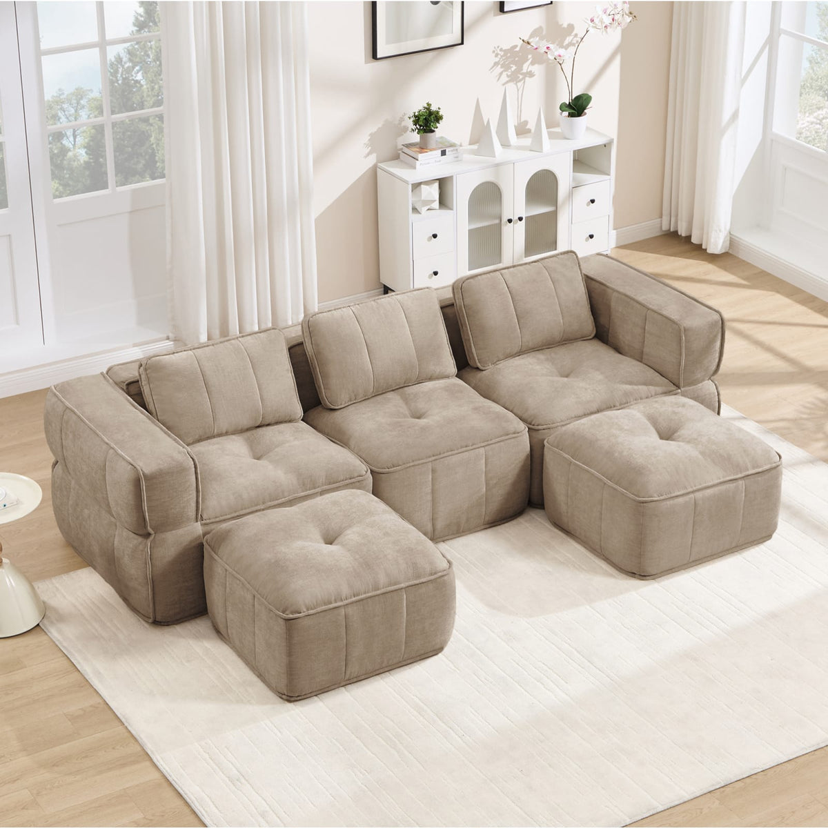 Canapé d'Angle en U en Polyester Sable avec 2 Poufs sable - vue 3